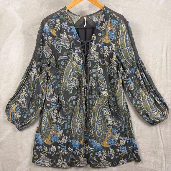 Free People Mini Dress Sz S Paisley Lace Up Long Sleeve Boho Floral Green Blue - Picture 2 of 10